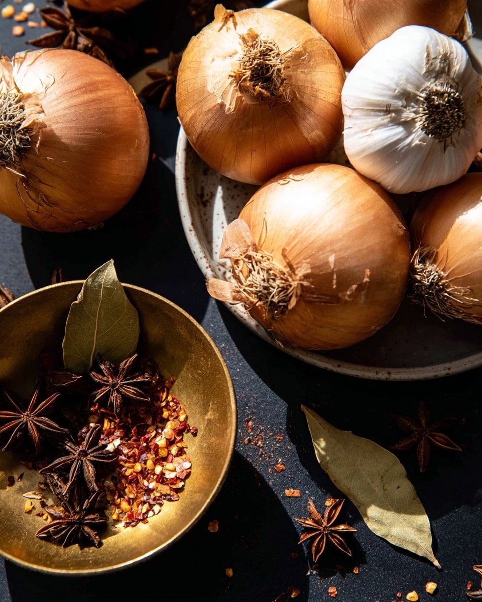 This image shows a top view of several light brown onions with dry skin scattered on a dark surface next to a round white plate holding two whole garlic bulbs. In the lower left corner, there is a golden bowl containing dried bay leaves and star anise, with some red chili flakes at the bottom. Outside the bowl, a few star anise and bay leaves also lie scattered on the dark surface. The lighting creates sharp shadows, emphasizing the texture on the onions and spices. photo taken with an iphone --ar 4:5 --v 7
