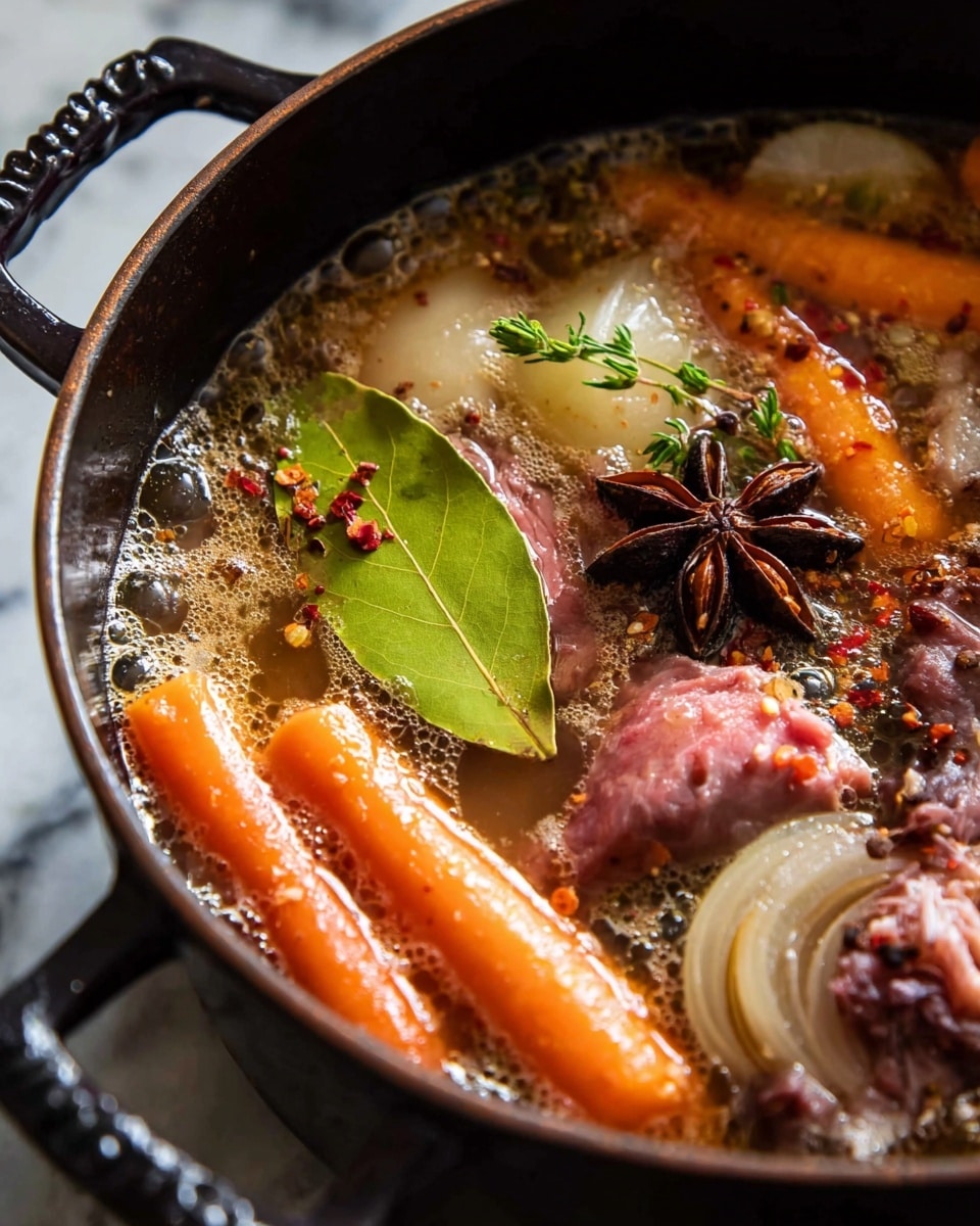 A close-up view of a cooking pot filled with bubbling broth that has layers of ingredients: at the bottom, a rich brown liquid foam with bubbles; above, tender pieces of pinkish-red meat partially submerged; bright orange baby carrots scattered around; thin slices of translucent cooked onions curled up; two large pale green bay leaves resting near the center; a star anise with deep brown color placed on top; sprinkled red chili flakes adding detail. The pot itself is dark with textured handles, set against a white marbled surface. Photo taken with an iphone --ar 4:5 --v 7