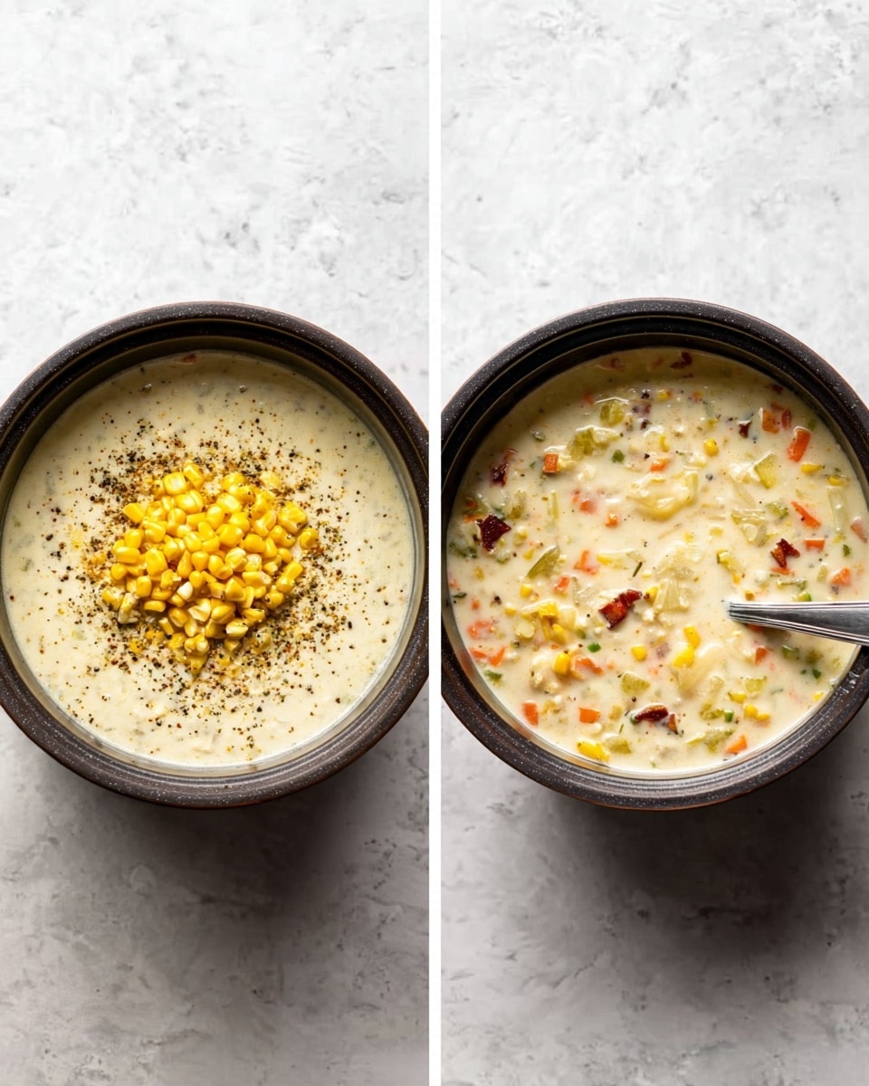 The image shows two top view photos of a black pot on a white marbled surface. On the left, the pot is filled with a creamy mixture, topped with a yellow pile of corn kernels in the center, and sprinkled with black pepper around the corn. The texture looks smooth and thick. On the right, the same pot holds thick creamy soup with visible pieces of diced vegetables in orange, green, and white, along with yellow corn and small red brown chunks, stirred with a spoon placed on the right side inside the pot. The overall color is creamy white with colorful bits scattered throughout. Photo taken with an iphone --ar 4:5 --v 7