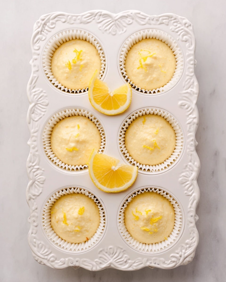 The image shows six white paper cups filled with pale yellow batter, placed evenly in a white ornate muffin tray. The batter is smooth and slightly textured with small bits of lemon zest scattered on top of each cup. In the middle of the tray, two small lemon wedges with bright yellow flesh and white rind are positioned. The whole tray is set on a white marbled surface, creating a clean and fresh look. photo taken with an iphone --ar 4:5 --v 7