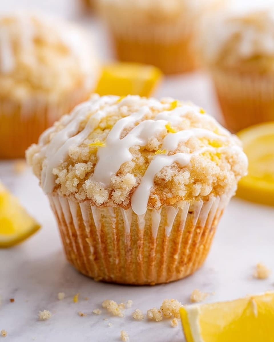A single muffin sits in the center with a crumbly pale yellow streusel layer on top, drizzled with smooth white icing that runs down the sides. The muffin base is a soft golden yellow wrapped in a white paper liner. Around it, more muffins of the same kind are blurred in the background, and slices of bright yellow lemon wedges add a little color on a white marbled surface. Some crumbs are scattered lightly around the base of the muffin. photo taken with an iphone --ar 4:5 --v 7