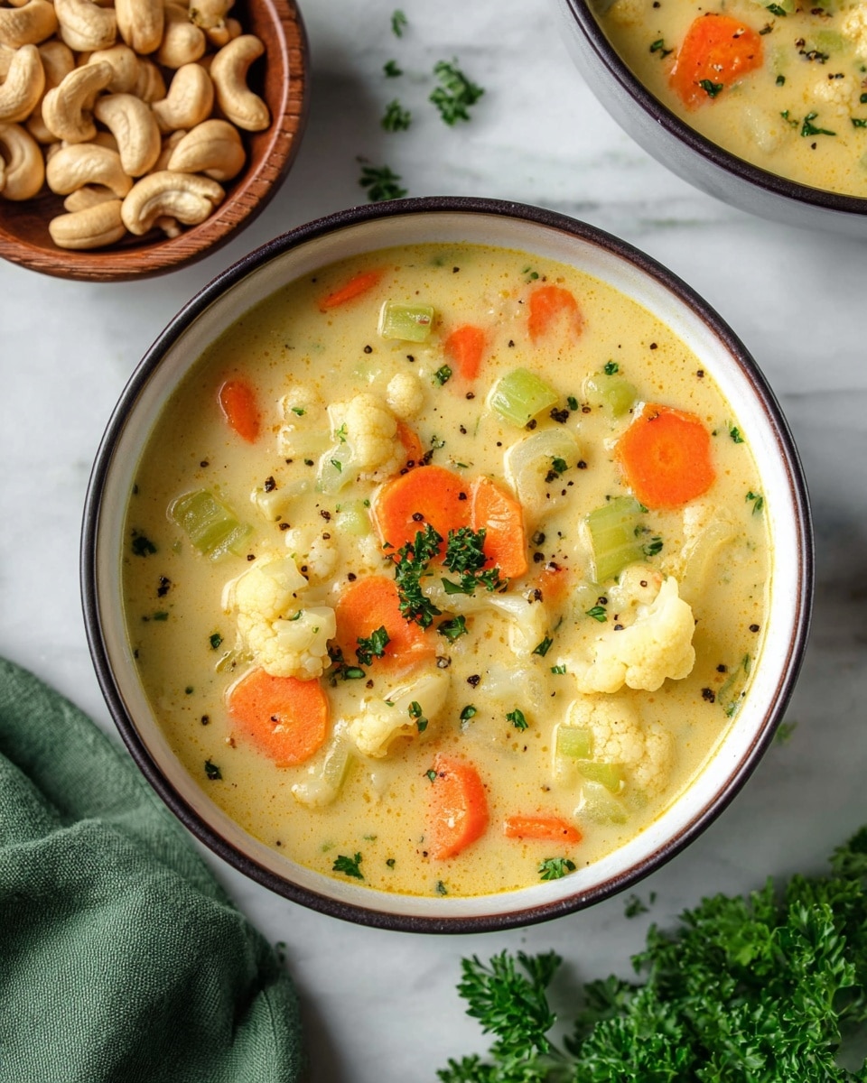 A bowl filled with creamy soup showing visible layers of soft, chunky vegetables – bright orange carrot slices, light green celery pieces, and pale cauliflower bits all mixed in a rich, yellowish broth dotted with small herbs and black pepper. The bowl is white with a dark edge, placed on a white marbled surface. To the left, a wooden bowl holds light brown cashew nuts, and a green cloth is laid next to it. A sprig of fresh green parsley sits to the bottom right, enhancing the natural colors of the scene. photo taken with an iphone --ar 4:5 --v 7