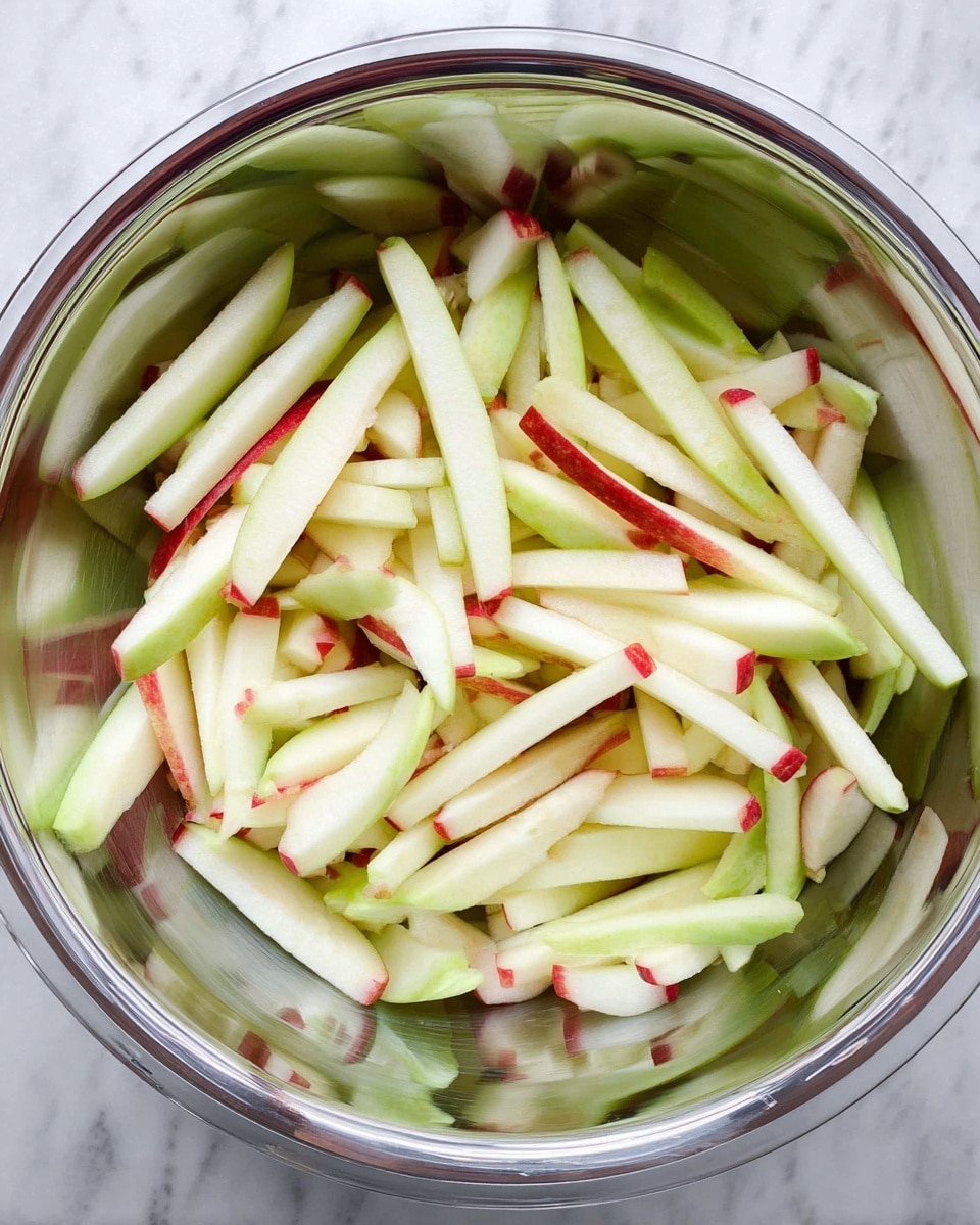 A clear glass bowl filled with thinly sliced apple sticks. The apple pieces show two types of color layers: pale green with smooth skin and white interior, and pale cream with light red edges and white inside. The apple sticks are mixed evenly and fill the bowl about halfway, with shiny reflective metal visible inside the bowl's edge. The bowl is placed on a white marbled surface. photo taken with an iphone --ar 4:5 --v 7