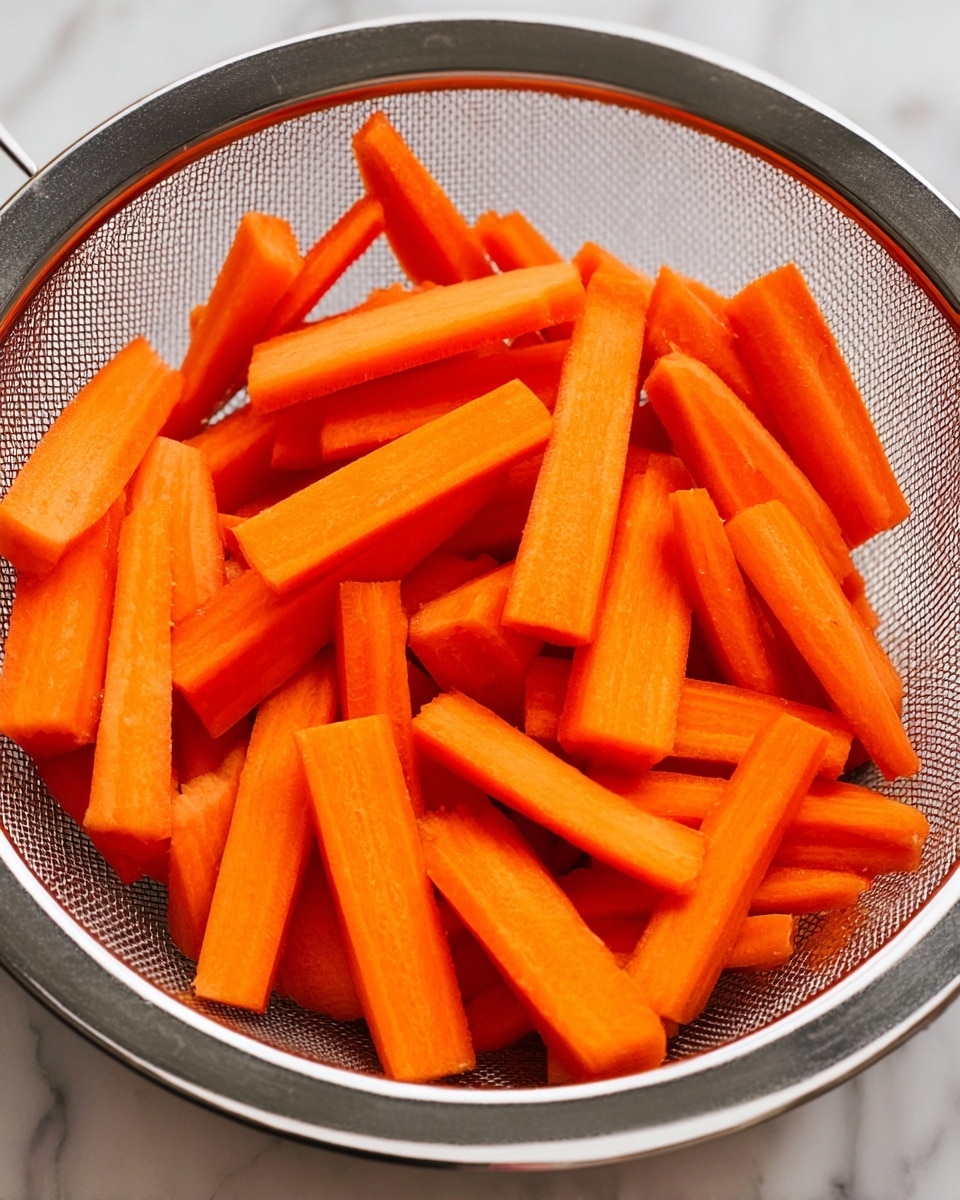 The image shows a metal strainer filled with bright orange carrot sticks placed on a white marbled surface. The carrot sticks are cut into thick, uneven rectangular shapes, filling the strainer loosely. The strainer has a fine mesh with a shiny silver edge, and the background is clean and simple with the white marble texture visible through the gaps of the strainer. The overall look is fresh and colorful with a sharp contrast between the vibrant carrots and the metal strainer. photo taken with an iphone --ar 4:5 --v 7