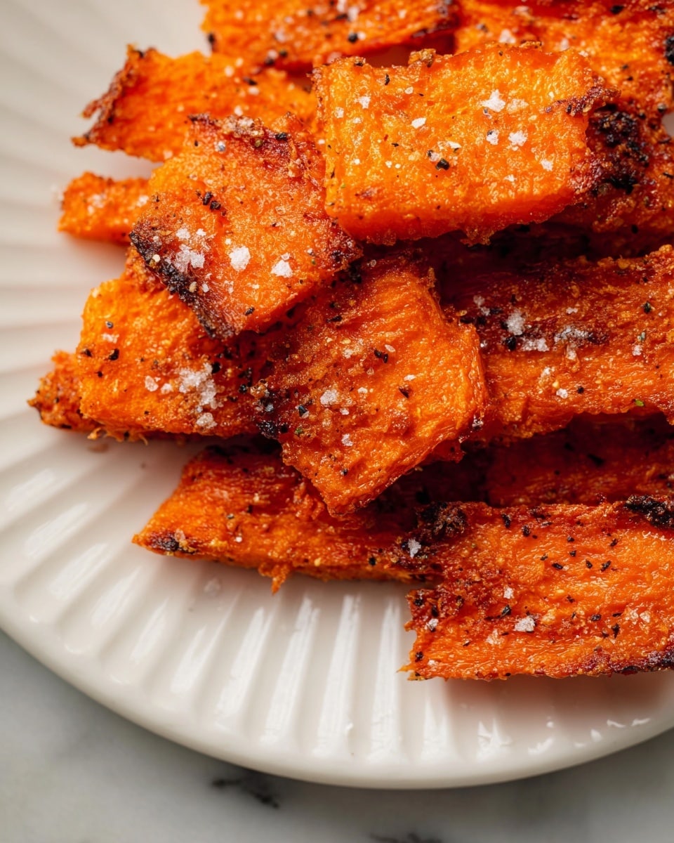 The dish shows a close-up of crispy roasted carrot pieces stacked on a white plate, with each piece displaying a bright orange color and slightly charred edges. The carrots have rough textures with visible small seasoning bits and coarse salt sprinkled on top, giving a crunchy and flavorful look. The white plate has a subtle ridged edge, and the background is a white marbled surface. The image captures the warm, golden tones of the roasted carrots in a cozy and appetizing way, photo taken with an iphone --ar 4:5 --v 7