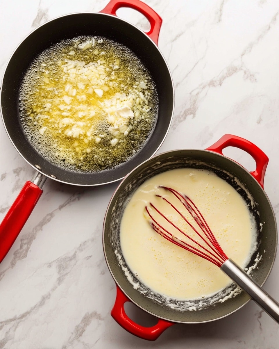 The image shows two round black pans with red handles on a white marbled surface. In the left pan, bubbling light yellow melted butter is mixed with minced garlic, with visible foam and small garlic pieces floating in the middle. The right pan holds a creamy, pale yellow liquid being stirred by a red whisk with a black handle, showing smooth, frothy textures with some butter melting through the cream. Photo taken with an iphone --ar 4:5 --v 7
