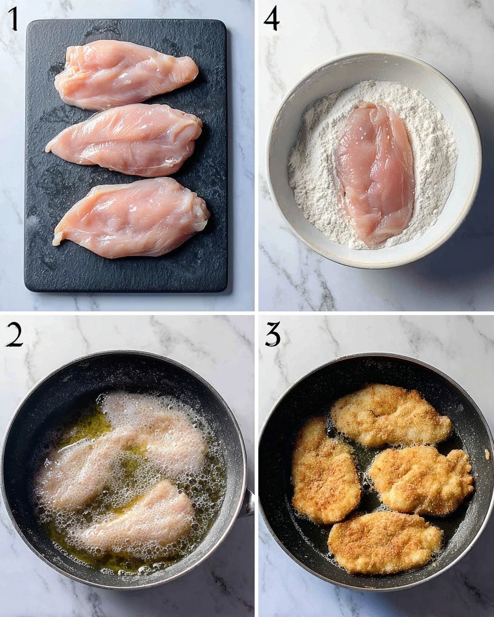 The image shows a four-step cooking process on a white marbled surface. The first step displays three raw, pink chicken fillets laid flat on a dark rectangular slate board. The second step has one raw chicken fillet placed in the center of a white bowl on a bed of white flour. The third step shows the chicken fillets coated in flour frying in a black pan with bubbling hot oil around them, giving a foamy texture. The final step reveals four golden-brown cooked fillets frying in the same pan, with a light crisp texture and some seasoning visible on the surface. photo taken with an iphone --ar 4:5 --v 7