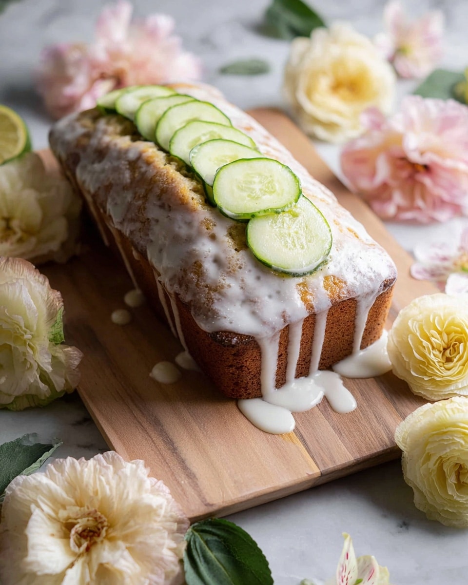 The image shows a loaf-shaped cake sitting on a light wooden board placed on a white marbled surface. The cake has a golden-brown color with visible texture from baking. It is topped with a white glaze that slowly drips down the sides and spreads on the board. On top of the glaze, thin slices of green cucumber are arranged in a row along the center of the cake. Around the wooden board, there are soft, ruffled flowers in cream, pale pink, and light yellow, along with green leaves. The scene is softly lit, giving the cake and flowers a gentle, natural look. Photo taken with an iphone --ar 4:5 --v 7