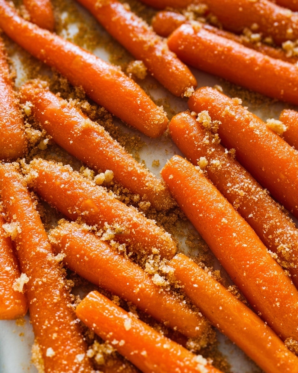 The close-up image shows a single layer of bright orange baby carrots spread out on a white marbled surface. The carrots have a light coating of brown seasoning and small bits of a crumbly topping, giving them a textured, slightly rough look. The carrots are arranged side by side, filling the frame with a warm, earthy color. The lighting highlights the smoothness of the carrots and the grainy texture of the topping. Photo taken with an iphone --ar 4:5 --v 7