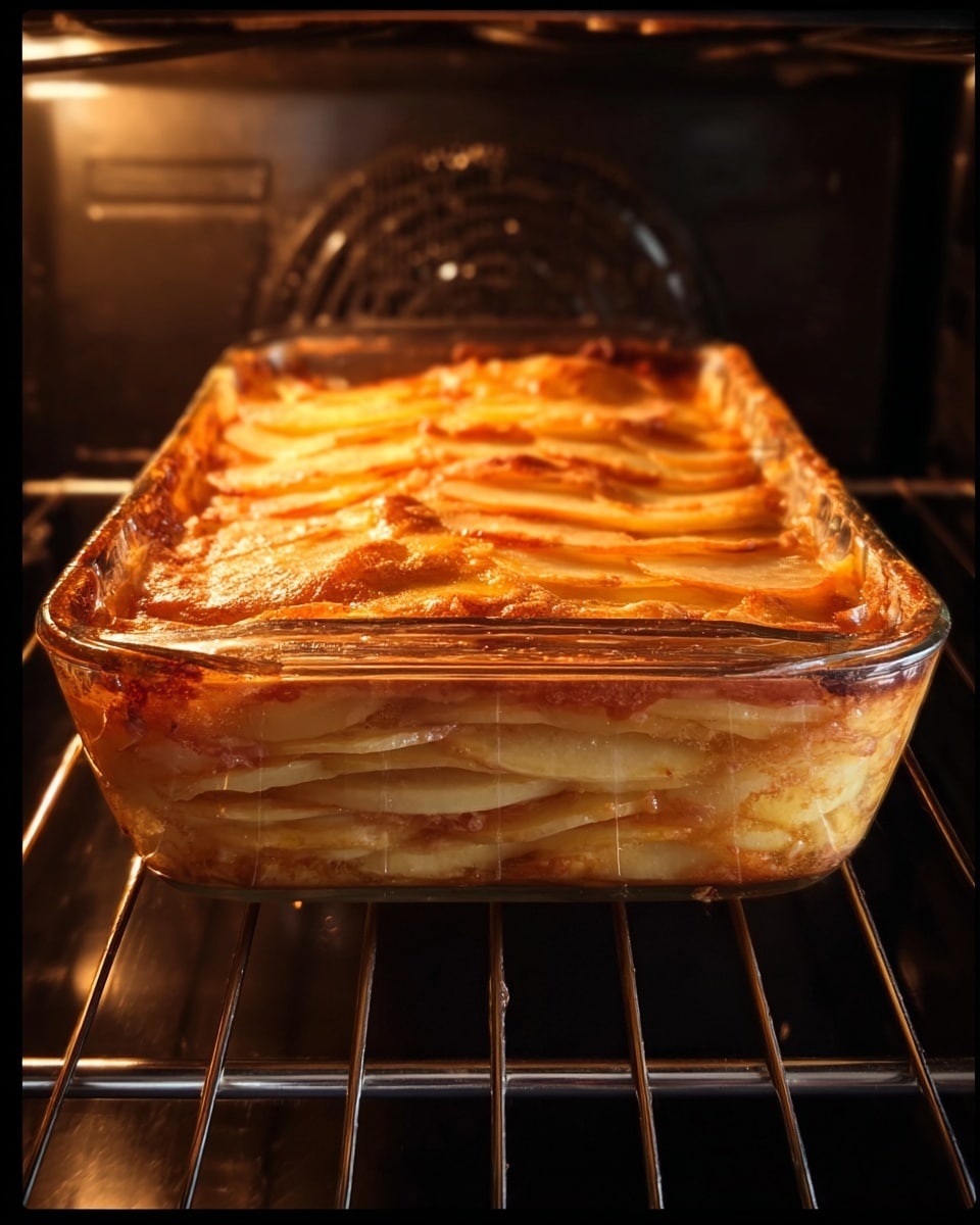 A clear glass baking dish sits inside an oven with a golden-brown layered dish cooking. The dish has multiple thin layers stacked side by side, each one a warm orange-brown shade, with a slightly crispy texture on top. The layers below the top are lighter in color, showing soft, smooth slices packed tightly in the dish. The glass baking dish reveals the side view where the slices curve gently, showing varying shades from light cream at the bottom to deeper golden-brown near the top. The oven interior behind the dish is dark, contrasting with the warm colors of the food. photo taken with an iphone --ar 4:5 --v 7