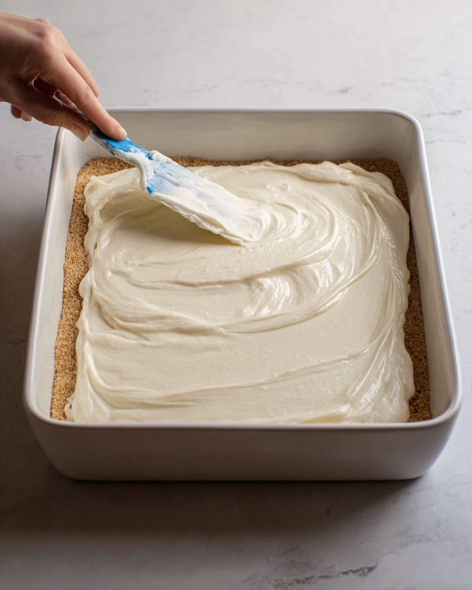 A white rectangular baking dish holds two visible layers of dessert. The bottom layer is a light brown crust with a crumbly texture, covering the base of the dish evenly. On top, a thick, creamy, smooth layer of white filling is being spread with a spatula held by a woman's hand from the left side of the image. The creamy layer has a soft, shiny surface with some gentle swirling marks made by the spatula. Everything sits on a white marbled surface that softly reflects the dish. photo taken with an iphone --ar 4:5 --v 7