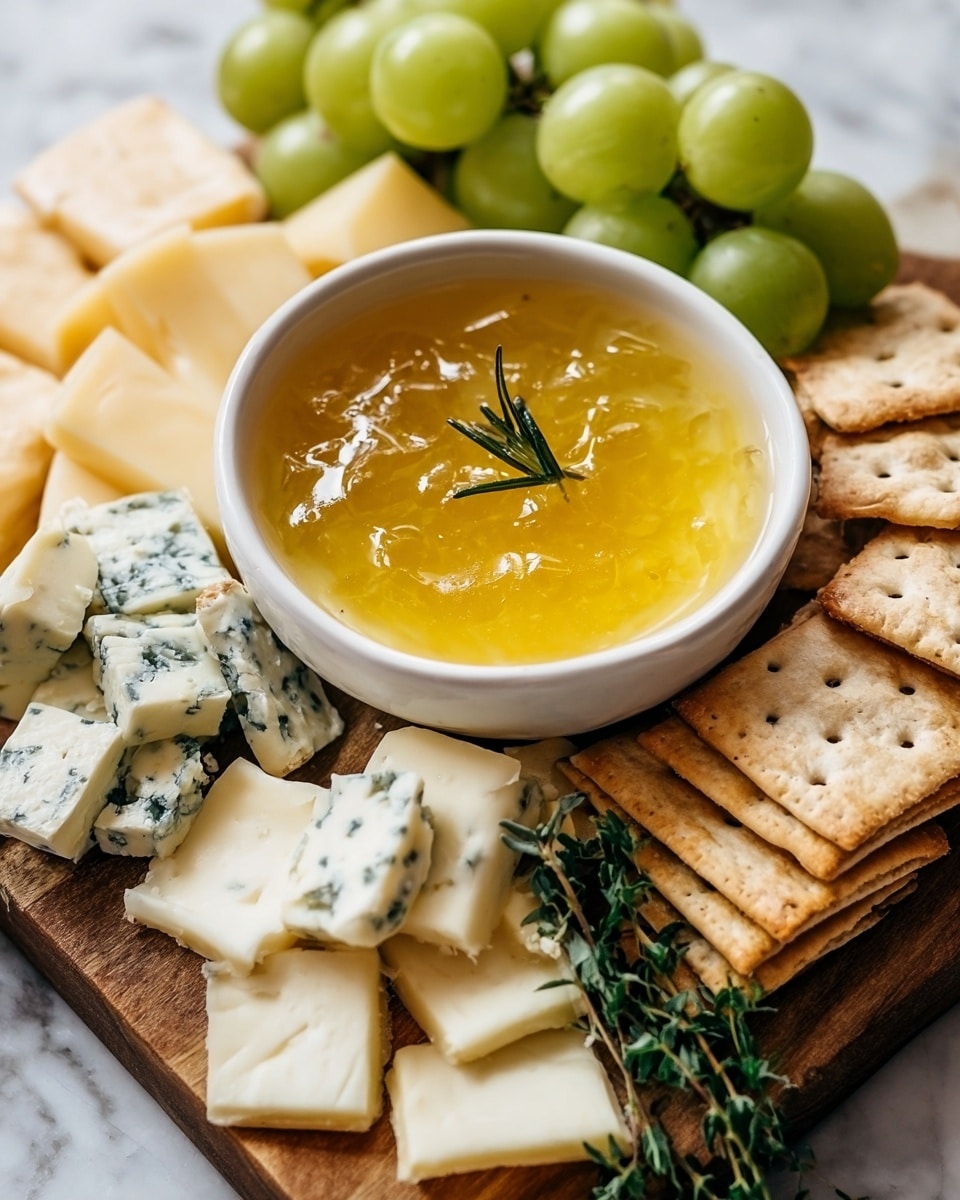 A wooden board with a bowl of yellow jelly topped with a small green herb twig in the center, surrounded by different white and light yellow cheese pieces with smooth, crumbly, and blue-veined textures. On one side, there are neatly stacked light brown crackers with small holes, and on the other side, a bunch of green grapes and small green herbs add freshness. The entire arrangement is on a white marbled surface, with soft natural light highlighting the textures and colors photo taken with an iphone --ar 4:5 --v 7