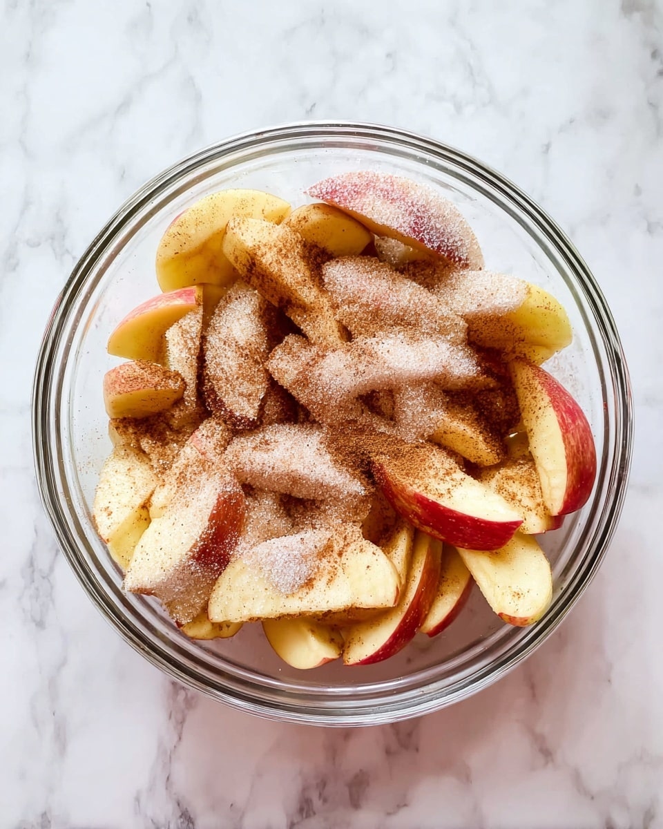 A clear glass bowl sits on a white marbled surface, filled with sliced apple pieces that show their red and yellow skin. The apple slices form a single uneven layer inside the bowl, each slice coated with a light dusting of white sugar and sprinkled with brown cinnamon powder, creating a mix of soft white and warm brown textures on top. The bright colors of the apple skin contrast nicely with the powdered toppings, making the bowl look ready for baking or eating. photo taken with an iphone --ar 4:5 --v 7