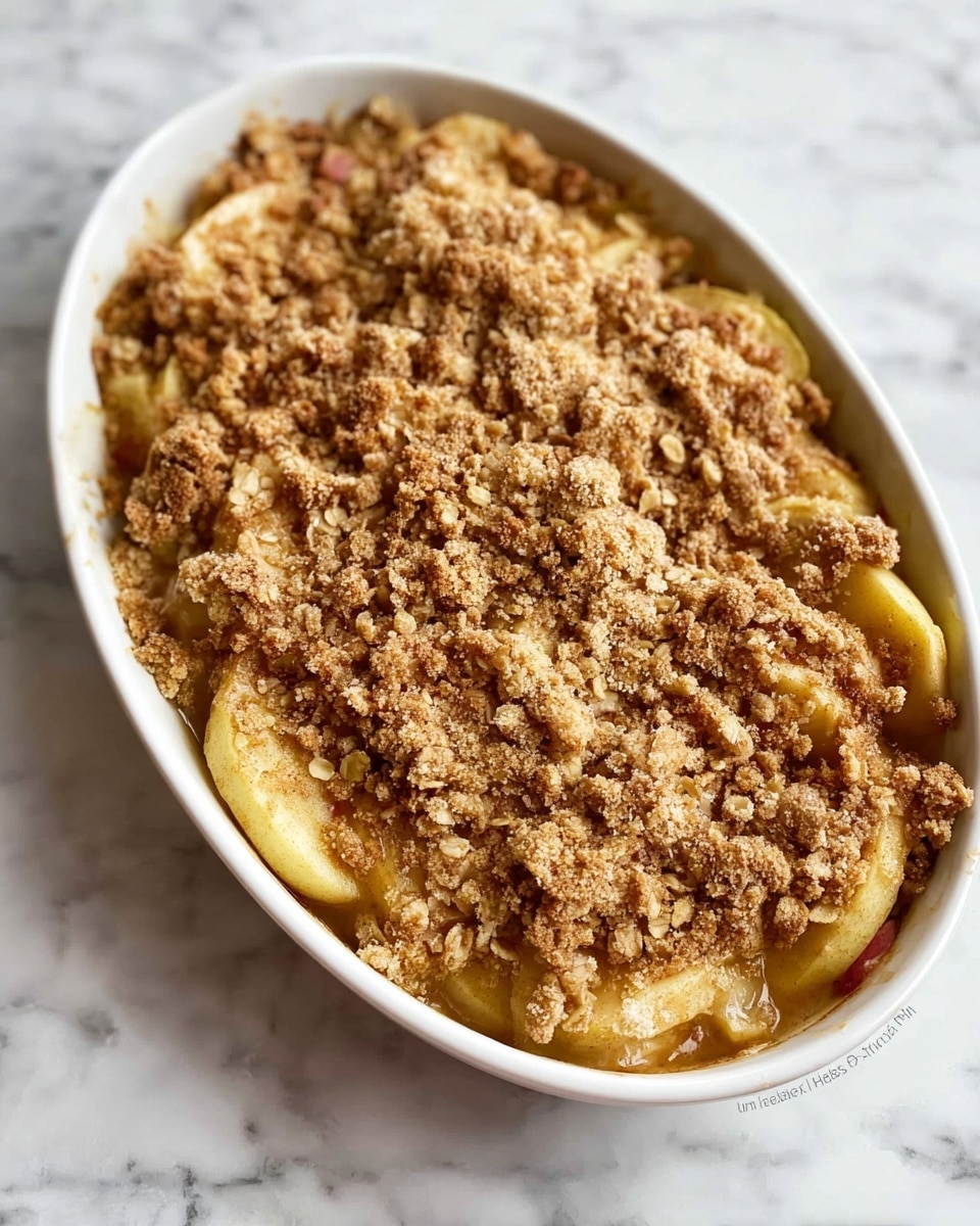 The image shows an oval white dish filled with a two-layer dessert. The bottom layer has soft, light yellow apple slices peeking out from under a thick, crumbly topping. The top layer is a golden-brown crumble made from oats and brown sugar, creating a coarse, textured surface that covers the apple slices completely. The dish rests on a white marbled surface. photo taken with an iphone --ar 4:5 --v 7