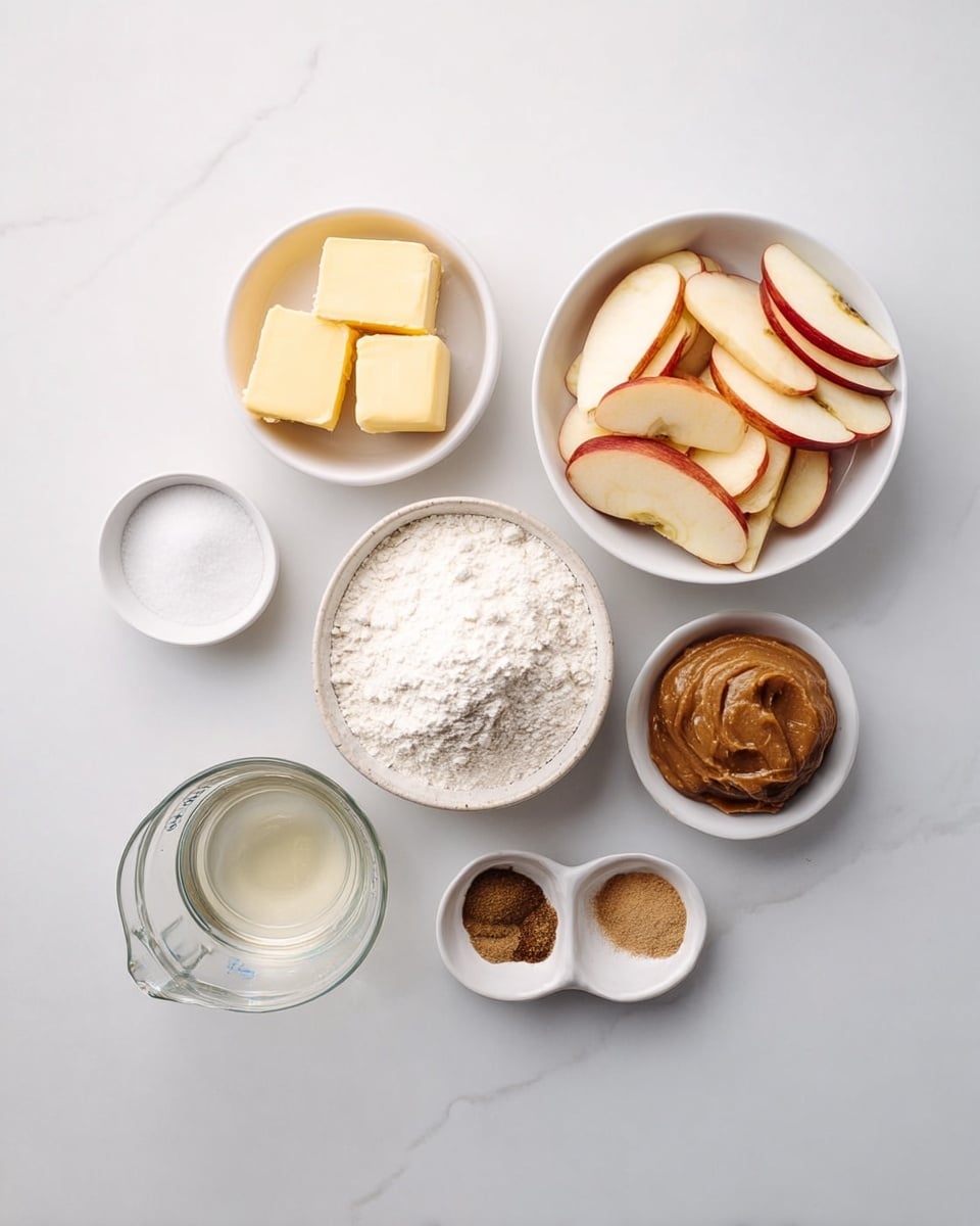 The image shows a white marbled surface with seven small white bowls arranged neatly, each containing a baking ingredient. Starting from the top left, there is a bowl with three square blocks of yellow butter, below it is a small bowl of white flour, and next to it a small bowl of salt. To the right, a medium bowl is filled with thin slices of apple, showing red skin and light cream inside. Below the apples is a measuring glass filled with clear liquid. To the right of the glass, a small bowl holds brown sugar paste or nut butter, and above it is a small bowl with four different ground spices in shades of brown and beige. All bowls are white, and the surface is clean and bright. Photo taken with an iphone --ar 4:5 --v 7