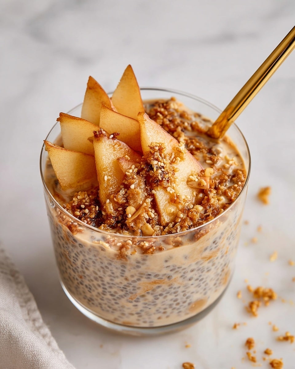 This image shows a clear glass filled with three main layers. The bottom layer is a creamy, grayish pudding with visible small black chia seeds mixed throughout, giving it a slightly bumpy texture. The middle layer consists of thin, soft slices of light brown caramelized apples arranged in a loose pile on top of the pudding. The top layer is a sprinkle of crunchy golden-brown nut crumbs scattered over the apple slices. A shiny golden spoon is inserted into the glass on the right side. The glass sits on a white marbled surface with some crumbs scattered around. Photo taken with an iphone --ar 4:5 --v 7