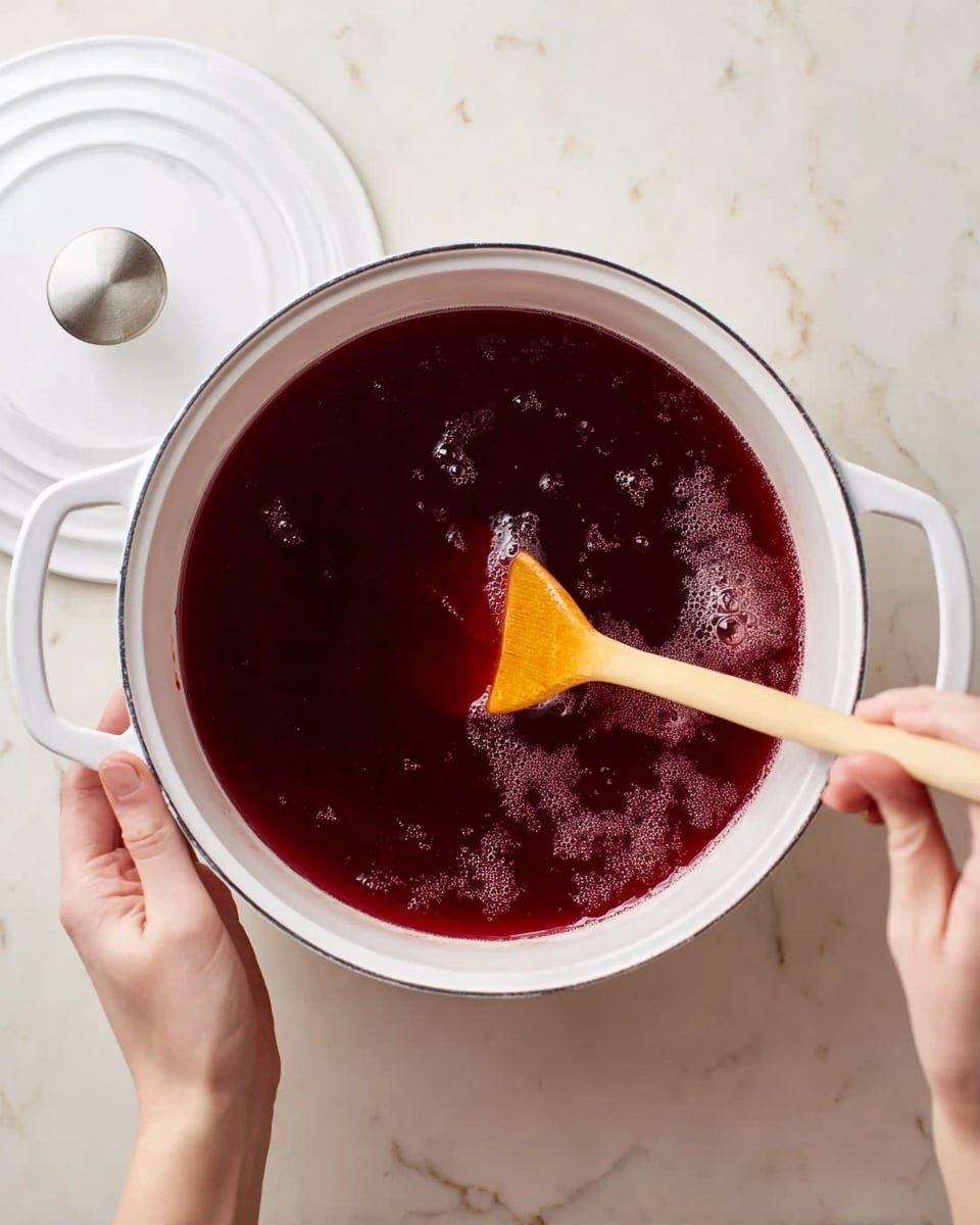 A white pot filled with a deep red liquid is shown from above, with some bubbles visible on the surface suggesting it is being stirred or simmered. The pot has two white handles, and a woman's hand holds the pot's white lid on the left side of the image. On the right side, another woman's hand stirs the liquid with a light brown wooden spatula. The surface beneath is a white marbled texture that softly contrasts with the pot. photo taken with an iphone --ar 4:5 --v 7