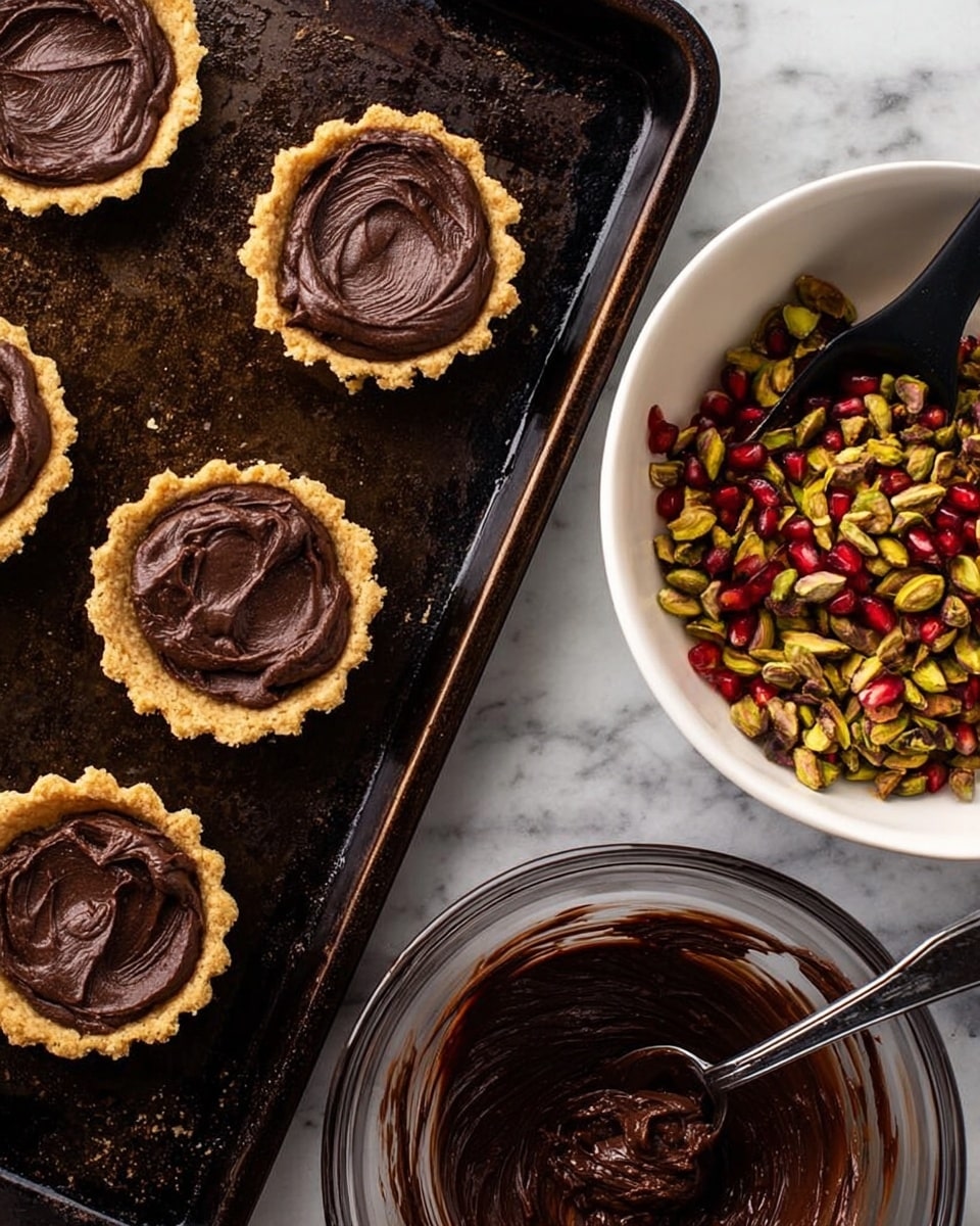 Five small tart shells with a rough golden-brown crust sit on a dark baking tray, each filled with a smooth, thick layer of dark chocolate spread that has a slightly glossy texture and visible swirl patterns. To the right, there is a large white bowl filled with a sticky mix of green pistachios and red pomegranate seeds, with a black spoon resting inside, coated with the sticky syrup. Below it is a glass bowl containing dark chocolate mixture with a metal spoon inside, showing some streaks of the chocolate on the bowl’s sides. The background surface is white marble with subtle gray veins visible. photo taken with an iphone --ar 4:5 --v 7