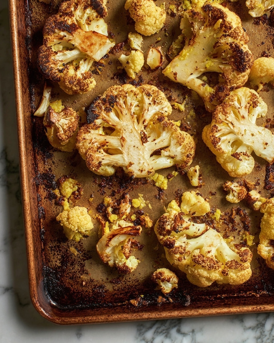 The image shows a baking tray filled with roasted cauliflower pieces. There are about three big cauliflower steaks and several smaller cauliflower florets spread unevenly over the tray. The cauliflower is golden brown with some dark crispy spots from roasting, and hints of light yellow seasoning are visible. The tray surface looks well-used with charred marks all over. The background is a white marbled texture. photo taken with an iphone --ar 4:5 --v 7