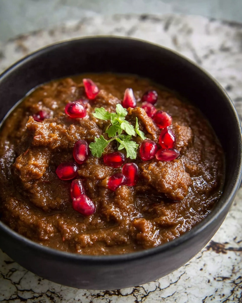 The image shows a black bowl filled with a thick, chunky brown stew that has a somewhat coarse texture. On top of the stew, there are several bright red pomegranate seeds scattered around and a small sprig of fresh green herbs placed in the center. The bowl is on a textured surface with a worn, rustic look, but the background should be imagined as a white marbled texture. Photo taken with an iphone --ar 4:5 --v 7