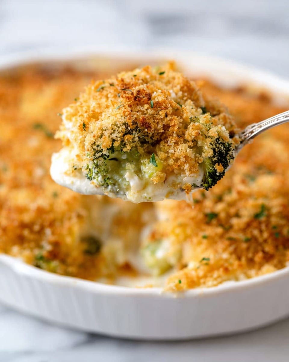 A spoon lifts a serving of baked casserole from a white round dish sitting on a white marbled surface. The casserole has three visible layers: the bottom layer is green broccoli florets, the middle layer is creamy white sauce, and the top layer is golden brown crispy breadcrumbs mixed with small bits of herbs. The breadcrumb topping is thick and uneven, creating a crunchy texture. The casserole looks warm and freshly baked. Photo taken with an iphone --ar 4:5 --v 7
