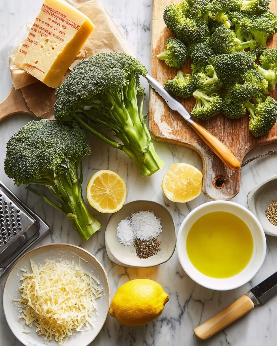 The image shows fresh broccoli with thick green stalks and dense dark green florets, placed on a white marbled surface. To the right, there is a small white bowl filled with bright yellow oil, and above it, broccoli florets are spread on a wooden board. A knife with a light wooden handle rests on the board. At the bottom left, shredded pale yellow cheese is on a white plate, next to a metal grater. In the center, a block of hard cheese with faint red text is placed on a wooden board, along with a whole bright yellow lemon and four lemon wedges. Small bowls of crushed garlic, salt, and black pepper are also visible around the broccoli. Photo taken with an iphone --ar 4:5 --v 7