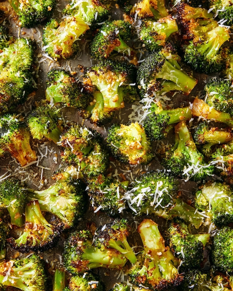 This image shows many small broccoli pieces that are roasted with a mix of green and golden brown colors. Each broccoli piece has a firm stalk with a bumpy, green floret top that has some parts turned dark from roasting. Sprinkles of light-colored shredded cheese are spread over the broccoli on a tray that looks like it has a metallic surface. The roasted broccoli pieces are arranged to cover the whole tray with uneven browns and greens, creating a crispy and fresh look. photo taken with an iphone --ar 4:5 --v 7
