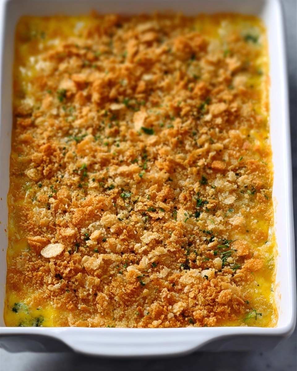 A white rectangular baking dish filled with a casserole that has two main layers visible from the top. The bottom layer is a rich yellow, soft and creamy texture, suggesting a cooked egg mix or similar base with small bits of green herbs scattered inside. The top layer is a crumbly golden-brown crust made from crushed crackers or breadcrumbs, spread evenly covering the entire surface. The edges of the casserole hit the sides of the baking dish, which is set on a white marbled surface. Photo taken with an iphone --ar 4:5 --v 7