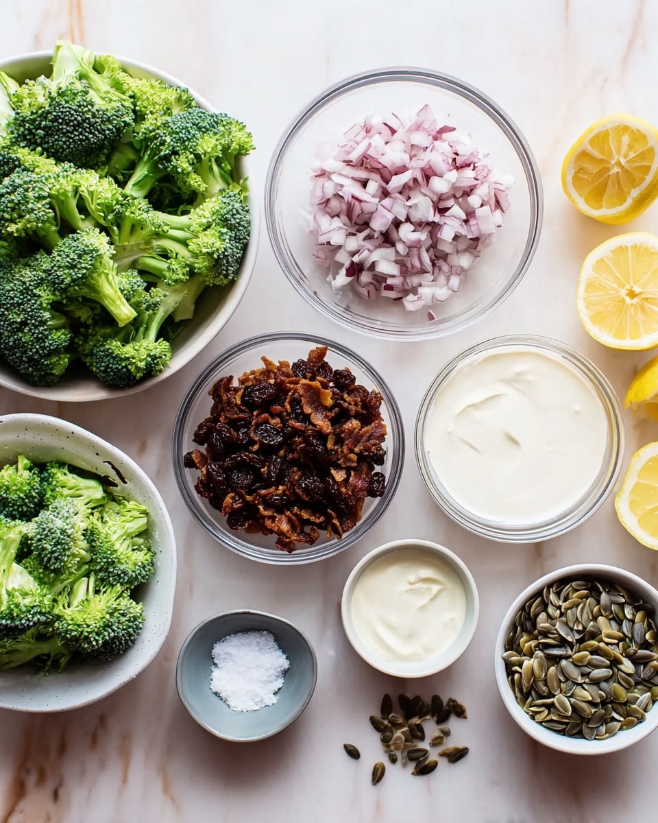 The image shows a flat layout of ingredients on a white marbled surface. On the left, there are fresh green broccoli florets, next to a clear bowl filled with dark brown raisins. In the center, there is a white bowl with finely chopped red onions, a clear bowl holding crispy fried bacon pieces with a deep brown color, and a small gray bowl of salt beneath it. To the right, there is a small white bowl of creamy white dressing, a white bowl filled with sunflower seeds, and another white bowl with a small amount of white liquid which looks like juice. Half a lemon is cut in two pieces and placed near the top right side, showing its light yellow inside. The arrangement is clean and well-organized, with each item distinct and easy to identify. Photo taken with an iphone --ar 4:5 --v 7