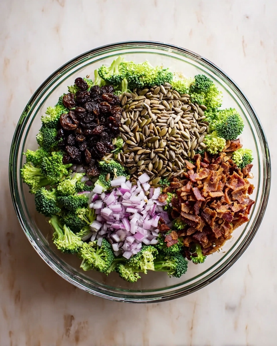A clear glass bowl sits on a white marbled surface, filled with fresh green broccoli florets as the base layer. On top of the broccoli, four separate piles of toppings are arranged: dark brown raisins placed on the upper left side, light brown sunflower seeds on the upper right side, small pieces of diced light purple onion on the lower left side, and crispy, shredded reddish-brown bacon on the lower right side. The ingredients look fresh and colorful, showing a mix of different textures and tones. photo taken with an iphone --ar 4:5 --v 7