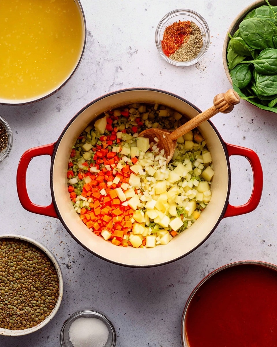 A white pot with red handles is centered on a white marbled surface. Inside the pot, there are three layers of chopped vegetables: the bottom layer is orange and green chopped carrots and celery, the middle layer is light yellow diced potatoes, and the top layer is small white pieces of garlic. A wooden spoon rests inside the pot, lying across the vegetable layers. Around the pot, there are bowls with different ingredients: a large bowl with yellow broth in the top left, a bowl of mixed lentils in the bottom left, fresh green spinach leaves in a white bowl at the top right, a small bowl of mixed spices near the right edge, and a white bowl of red tomato sauce at the bottom right. photo taken with an iphone --ar 4:5 --v 7