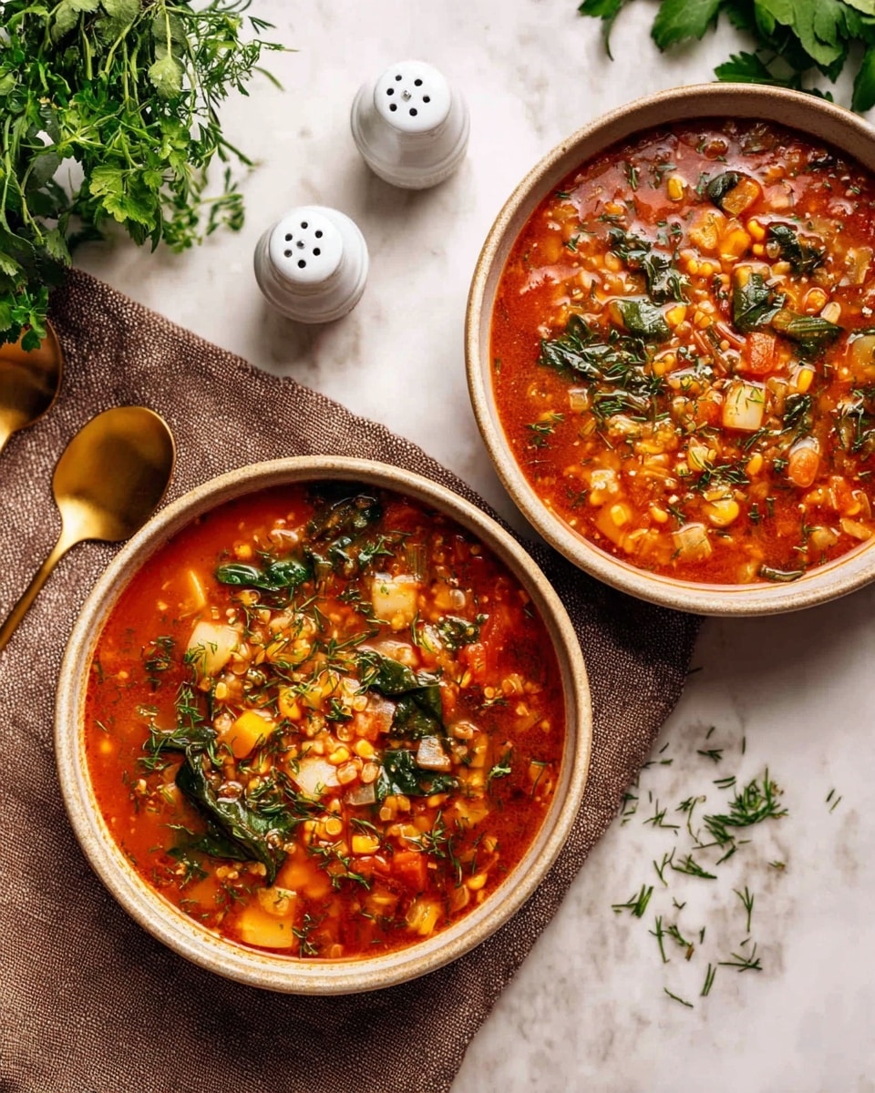 Two light beige bowls filled with a chunky tomato-based soup, showing multiple layers: a deep red broth with small yellow and white grains, chunks of light yellow vegetables, and scattered dark green leafy herbs both inside and sprinkled on top. The bowls rest on a brown cloth on a white marbled surface, with two golden spoons placed next to them. Nearby, there are two white salt and pepper shakers and a bunch of fresh green herbs on the top right. Photo taken with an iphone --ar 4:5 --v 7