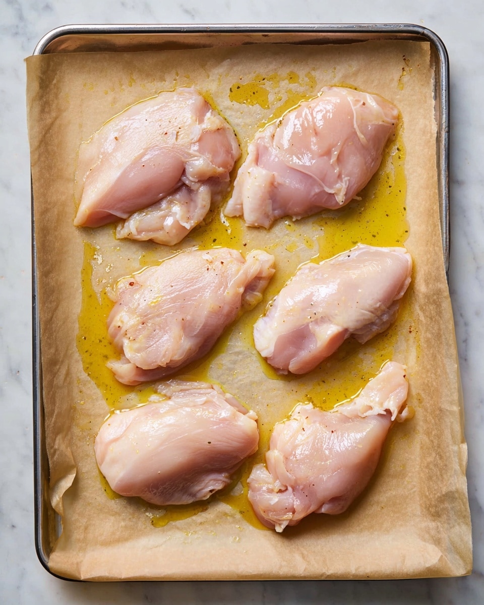 The image shows a metal baking tray lined with light brown parchment paper. On the parchment paper, six pieces of raw chicken meat are spread out without overlapping. The chicken pieces are light pink with a glossy texture from a thin layer of yellow oil scattered around and partially under the meat. The background beneath the tray has a white marbled texture. photo taken with an iphone --ar 4:5 --v 7
