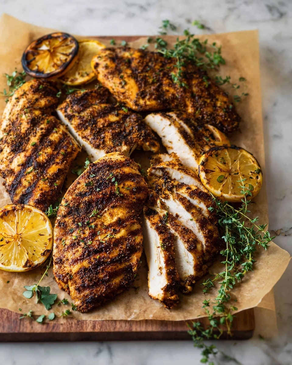 The image shows several pieces of grilled chicken arranged on a wooden board lined with parchment paper. The chicken is seasoned with dark spices and grill marks are visible on its golden-brown surface. Some pieces are whole, while two slices are cut to show the white, tender inside. Around the chicken, there are dark brown charred lemon halves and sprigs of fresh green herbs scattered, adding color and texture contrast. The whole setup rests on a white marbled surface, giving a clean and bright background. Photo taken with an iphone --ar 4:5 --v 7