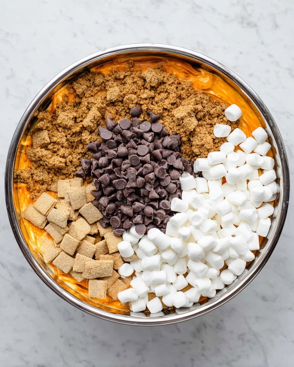 A shiny metal bowl filled with a mixture showing three main layers: at the bottom, a thick, bright orange layer with a smooth texture, on top of that scattered broken beige graham cracker pieces, in the center a pile of dark brown chocolate chips, and on one side a large mound of small, white marshmallows; the bowl sits on a white marbled surface photo taken with an iphone --ar 4:5 --v 7