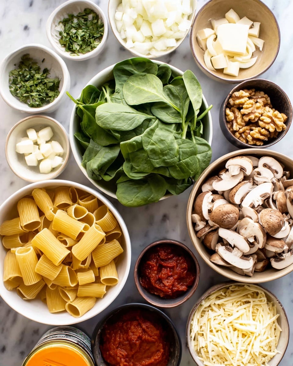 The image shows several white and light brown bowls arranged on a white marbled surface, each filled with different ingredients. In the center, there is a white bowl filled with fresh green spinach leaves. Below it, a white bowl holds pale yellow pasta tubes. To the right of the spinach, a light brown bowl is filled with sliced brown mushrooms that have white undersides. Above the mushrooms, another light brown bowl contains finely chopped white onions. At the top left, a small white bowl holds chopped green herbs. Next to it, a tiny light brown bowl has creamy white minced garlic. Below these, a small dark brown bowl is filled with red tomato paste, and in the middle, another brown bowl contains shelled walnuts. At the bottom right, a small black bowl has shredded white cheese. A partially open can of orange pumpkin puree lies near the bottom left corner. Photo taken with an iphone --ar 4:5 --v 7