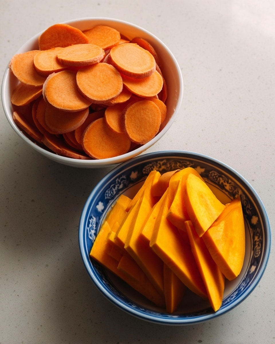 Two white bowls sit side by side on a white marbled surface. The bowl on the left is filled with many thin, round slices of orange sweet potatoes layered up to the rim, showing a smooth, slightly shiny texture. The bowl on the right holds several layers of bright orange triangular slices of pumpkin, stacked closely together and standing upright with a matte finish. The bowls have blue decorative patterns on their outside edges. Photo taken with an iphone --ar 4:5 --v 7