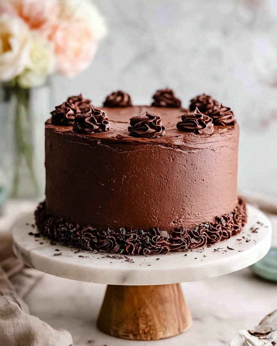 A three-layer round chocolate cake sits on a white marble cake stand with a wooden base. The cake is covered smoothly with thick, rich chocolate frosting, and the sides show slight texture lines from spreading. On top, there are twelve evenly spaced small swirls of dark chocolate frosting around the edge. At the base of the cake, a ring of dark chocolate frosting rosettes decorates the bottom, adding texture and depth. There are tiny chocolate flakes scattered across the top of the cake. The background has a soft, blurred white marbled surface with a frosted glass vase holding white and soft pink flowers, creating a gentle and elegant atmosphere. Photo taken with an iphone --ar 4:5 --v 7