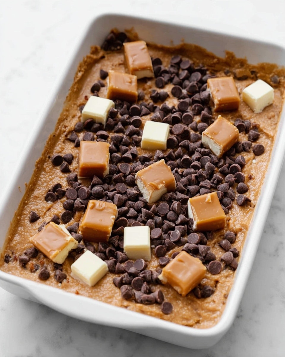 A white rectangular dish filled with multiple layers of dessert starting with a thick chocolate base layer. On top, there are small dark chocolate chips spread evenly and scattered small cubes of light brown caramel. There are also a few small pale yellow squares with chocolate chips on them placed on top of the dessert. The dish is against a white marbled surface. photo taken with an iphone --ar 4:5 --v 7