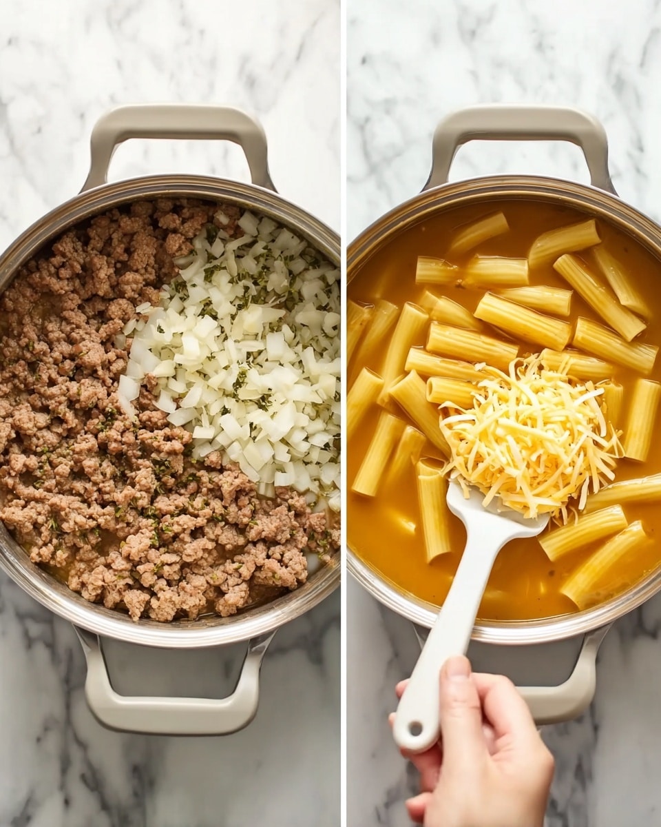 The image shows two pots with cooking ingredients on a white marbled surface side by side. The left pot has a layer of cooked ground meat with a brown color, mixed with small white onion pieces and bits of green herbs, filling the pot. The right pot contains a few pieces of cooked tubular pasta in a clear orange-yellow broth, topped with a pile of shredded pale yellow cheese being scooped in by a woman's hand holding a white spatula. Photo taken with an iphone --ar 4:5 --v 7