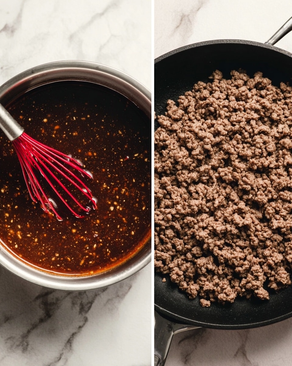 The image shows two side-by-side close-up photos on a white marbled texture. On the left, there is a metal mixing bowl with a dark brown sauce that has small white bits, with a red whisk resting inside the bowl. On the right, there is a black cast iron pan filled with cooked ground beef, showing light brown cooked meat pieces evenly spread across the pan. Both photos highlight the textures distinctly, with the sauce smooth and glossy and the beef crumbly and slightly steamy. Photo taken with an iphone --ar 4:5 --v 7