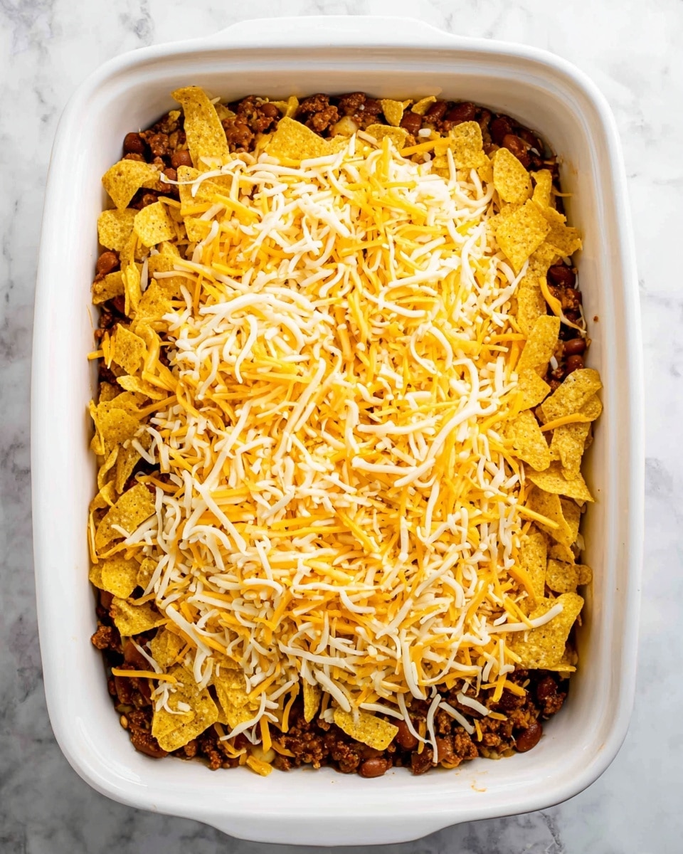 A white baking dish on a white marbled surface holds a layered casserole. The bottom layer is dark brown cooked ground meat mixed with beans, giving a rough texture. On top of that is a layer of broken yellow corn chips scattered unevenly. The top layer is a generous pile of shredded cheese in white and yellow colors, evenly spread to cover the dish. The cheese strands are thin and long, with some chips poking out beneath. Photo taken with an iphone --ar 4:5 --v 7