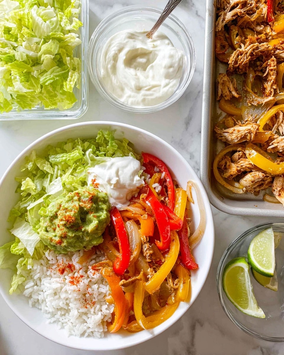 A white bowl filled with a base layer of white rice mixed with some green lettuce on one side, topped with a colorful mix of cooked sliced red and yellow bell peppers and onions that are soft and slightly shiny. There is a scoop of bright green guacamole sprinkled with red pepper flakes on the left side of the bowl, and a dollop of white sour cream next to it. To the top right of the bowl is a small clear glass bowl full of creamy white sour cream with a spoon resting inside, while on the right side of the image is a metal tray with more cooked sliced peppers, onions, and shredded chicken with a golden brown tint. On the left side, there is a clear rectangular container filled with shredded green lettuce and a halved lime placed next to the small bowl of sour cream. The whole setup rests on a white marbled surface. Photo taken with an iphone --ar 4:5 --v 7