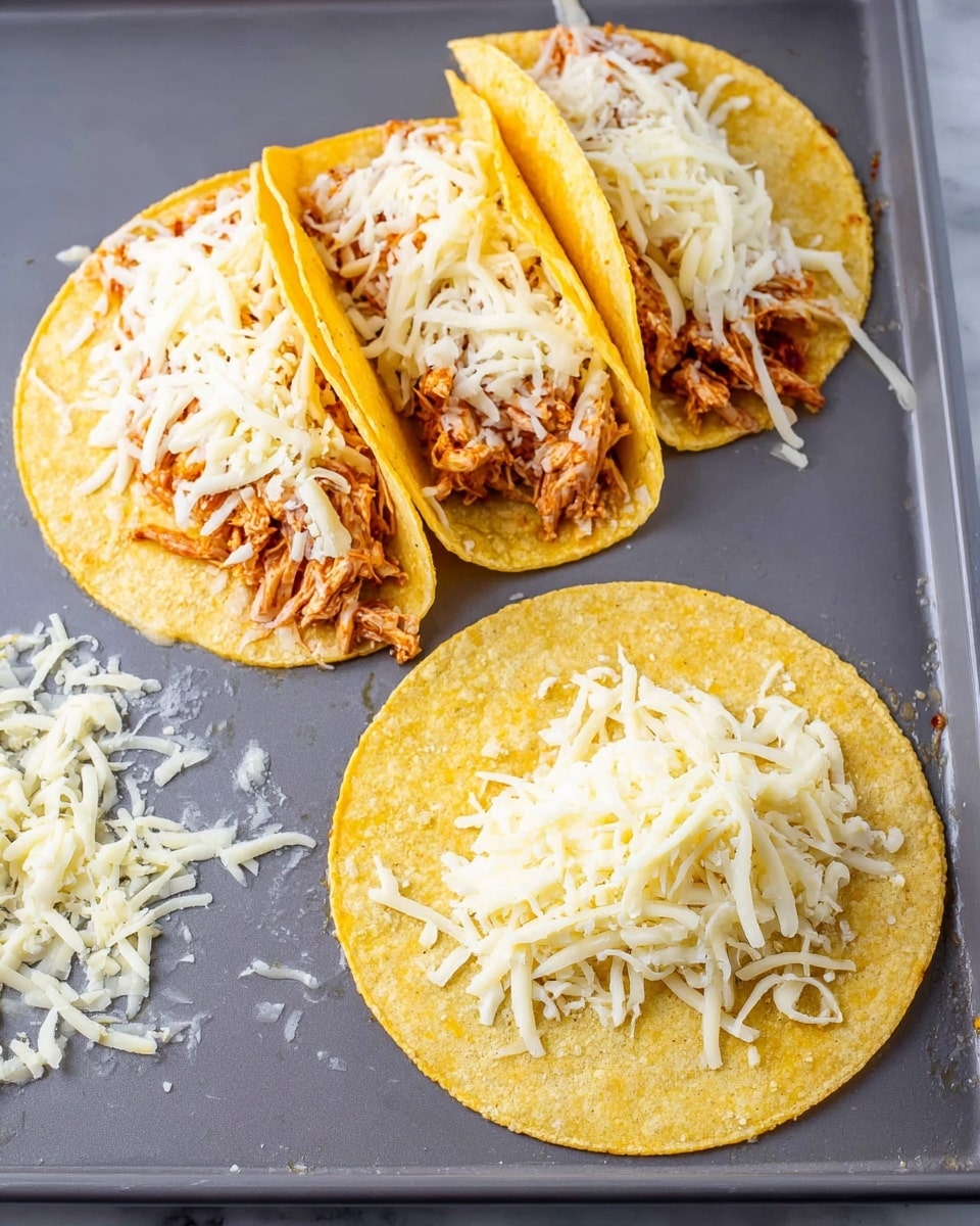 The image shows three yellow corn tortillas on a gray baking sheet. Two tortillas are folded in half and filled with shredded white cheese and shredded cooked meat with reddish sauce visible underneath the cheese. One tortilla is flat with shredded cheese and the reddish shredded meat spread in the center. Loose cheese is scattered around on the baking sheet. The background has a white marbled texture. photo taken with an iphone --ar 4:5 --v 7