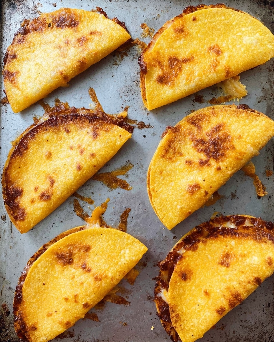 There are seven folded yellow corn tortillas shaped like half-moons on a gray baking tray, each with crispy browned edges showing melted cheese or filling inside. The tortillas have slightly uneven golden yellow surfaces with some darker spots from baking. The tray has small greasy stains and burnt bits scattered between the tortillas. photo taken with an iphone --ar 4:5 --v 7