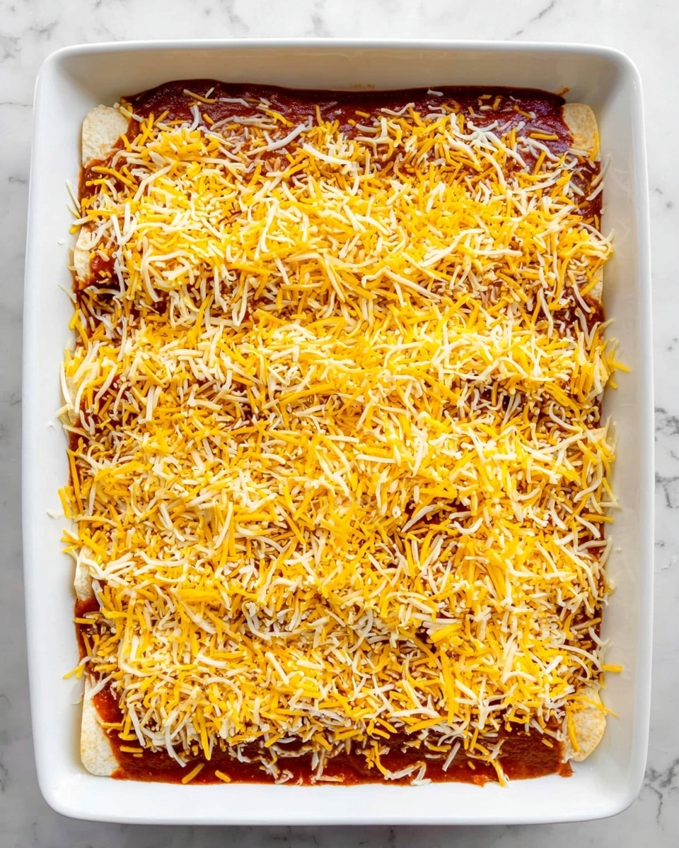 A white rectangular baking dish filled with a layered dish starting with a bottom layer of soft flour tortillas visible at the edges, covered by a thick deep red sauce spread evenly on top, and finished with a generous layer of shredded yellow and white cheese mixed together, scattered across the entire surface. The dish is placed on a white marbled texture background. Photo taken with an iphone --ar 4:5 --v 7