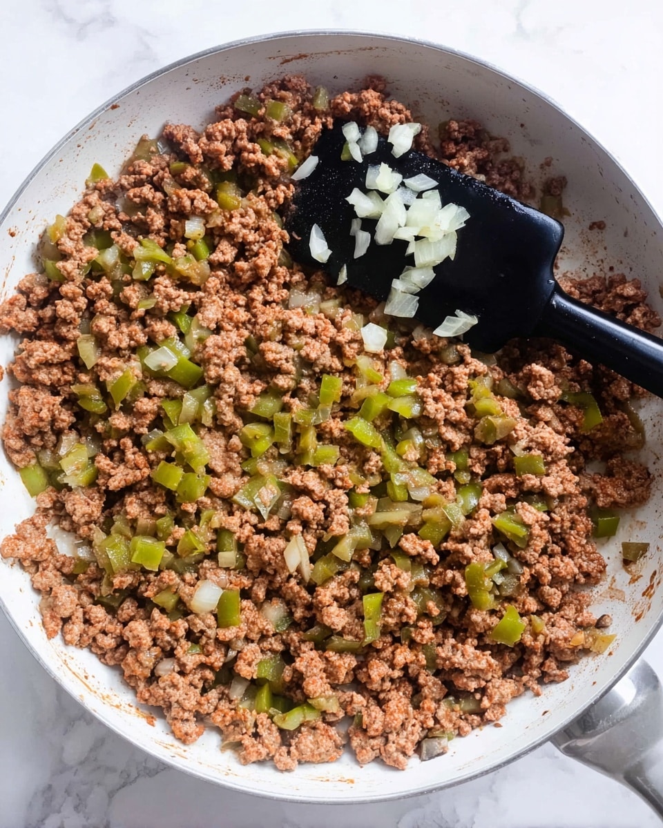 A white pan filled with cooked ground beef mixed with small pieces of green bell pepper and chopped white onions, showing a soft, crumbly texture with bits of vegetables evenly spread throughout. A black spatula with some bits of onion rests inside the pan on top of the food. The pan sits on a white marbled surface. photo taken with an iphone --ar 4:5 --v 7