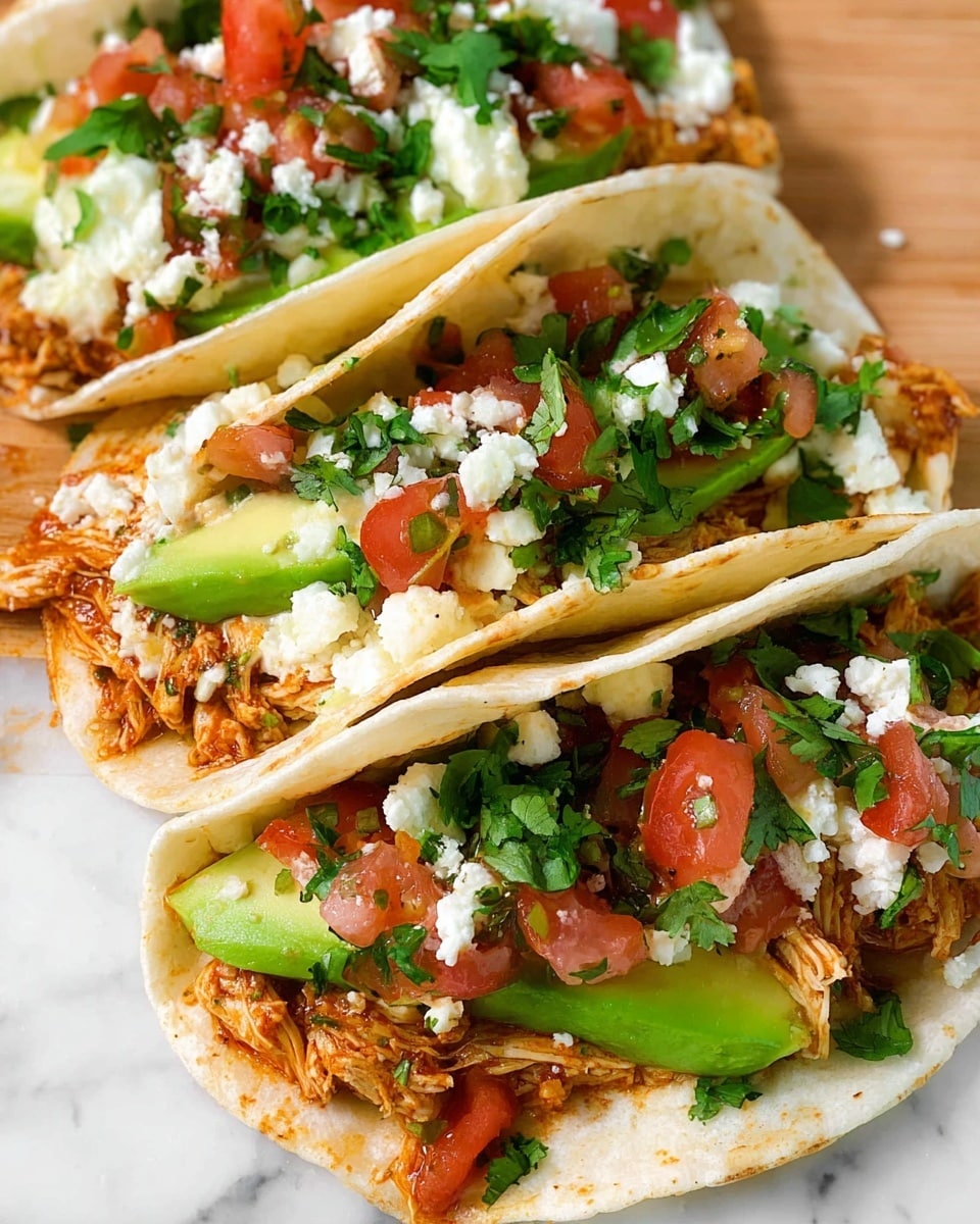 Two soft white tortillas each hold four layers of filling. The bottom layer is shredded cooked chicken coated in a reddish sauce, followed by slices of bright green avocado placed above it. On top of the avocado is a layer of crumbled white cheese, then a generous amount of chopped fresh green cilantro. Finally, a topping of small chopped red tomatoes with hints of yellow and green completes the tacos. The tacos rest on a white marbled surface photo taken with an iphone --ar 4:5 --v 7