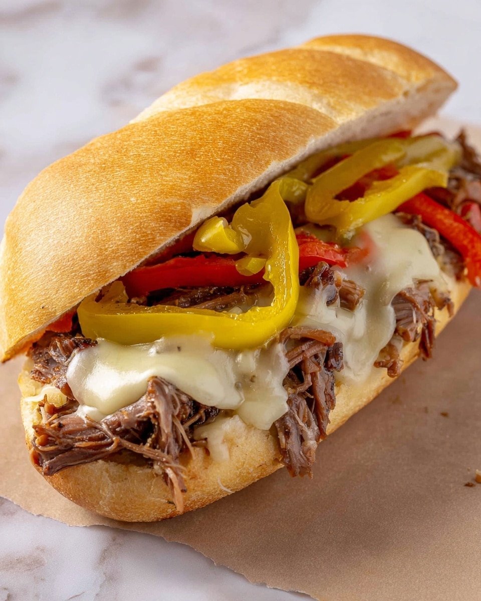 The image shows a sandwich with a soft, light brown bun on top and bottom. Inside, the first layer is shredded brown meat, topped with melted creamy white cheese that drapes over the meat. Above the cheese, there are bright yellow pepper rings and slices of red peppers, adding bright colors and texture. The sandwich is placed on a light brown background with a white marbled texture visible around the edges. Photo taken with an iphone --ar 4:5 --v 7