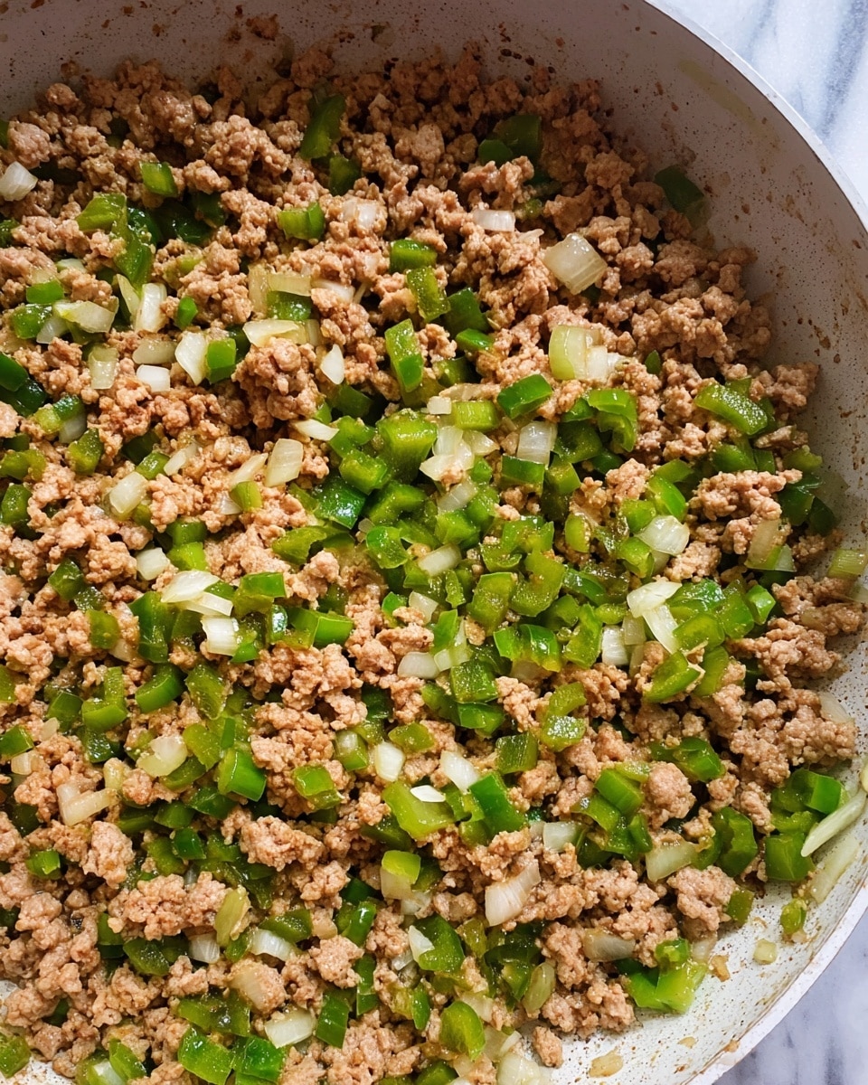 A close-up view of a white pan filled with cooked ground meat mixed with small pieces of green bell pepper and chopped white onions. The meat is light brown and crumbly, evenly spread across the pan's bottom with the green and white vegetable pieces scattered throughout. The pan rests on a white marbled surface. Photo taken with an iphone --ar 4:5 --v 7